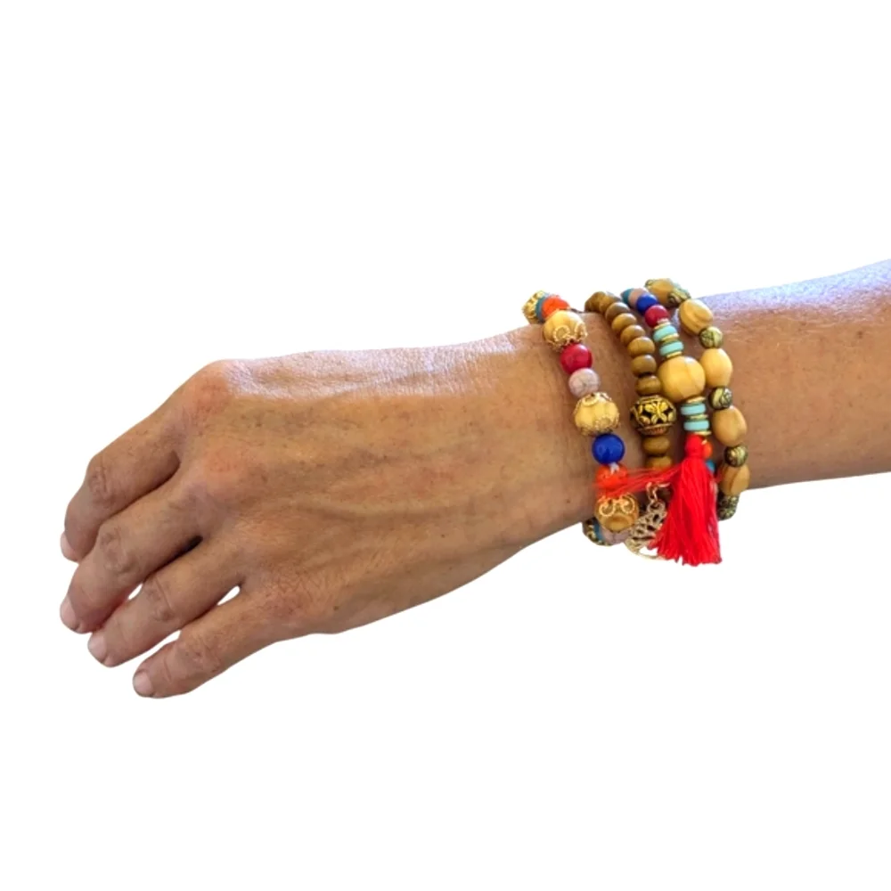 New Colorful Beaded Bracelet Set with Tree Charm And Tassell Earrings